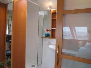 a bathroom with a glass shower and a sink at Hanseat in Helgoland