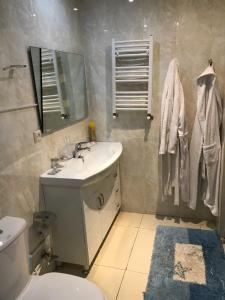 a bathroom with a sink and a toilet and a mirror at Armenia VanSevan Hotel in Sevan