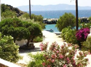 a garden with flowers and trees and a body of water at Elia Sea Home in Agios Romanos