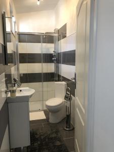 Un baño con inodoro, lavabo y ducha. en Haus am Mühlbach, en Boppard 19 fotos más