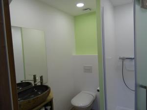 La salle de bains est pourvue d'un lavabo, de toilettes et d'un miroir. dans l'établissement Ferienwohnung Altstadt Löbau, à Löbau