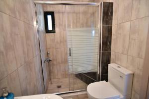 a bathroom with a shower with a toilet and a sink at Searockhouse in Paleo Tsifliki +19 photos