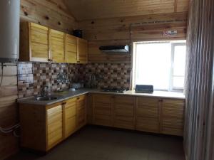 a kitchen with wooden cabinets and a sink and a window at Лазурний берег in Pulemets