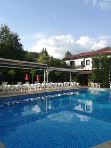 una piscina con sillas y una casa en el fondo en Elli Greco Hotel en Melnik