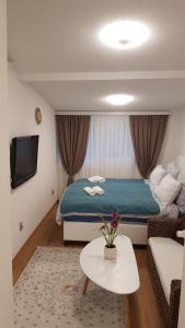 1 dormitorio con cama, mesa y sofá en Dino en Sarajevo