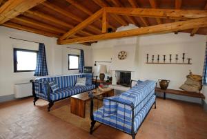 a living room with two blue couches and a fireplace at Agriturismo Pian Del Tevere in Torgiano