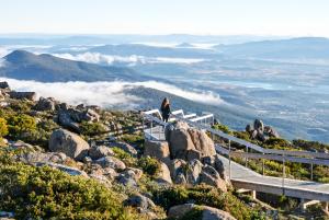 a person sitting on a staircase on top of a mountain at Hobart Central YHA in Hobart