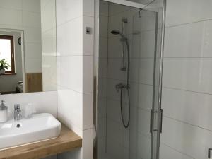 a bathroom with a shower and a sink at Apartamenty AP 1 in Częstochowa