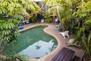 a swimming pool in a garden with a bench at Mad Monkey Village in Cairns