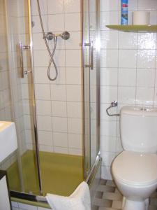 a bathroom with a shower with a toilet and a sink at Appartementhaus Schwarzwaldblick in Lauterbach