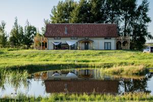 a house with a pond in front of it at Zielna Farma in Blanki