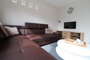 uma sala de estar com um sofá castanho e uma televisão em Stefjes Holiday Home em Dilsen-Stokkem