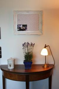 a table with a lamp and a plant on it at Ferienwohnungen am Wald in Lieser