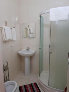 uma casa de banho com um chuveiro, um WC e um lavatório. em Гостиница "Алтын Орда" em Astana
