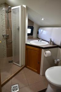 ハイドゥーナーナーシュにあるSirály Apartmanのバスルーム(シンク、シャワー、トイレ付)