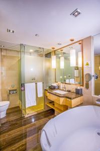 a bathroom with a sink and a toilet and a mirror at Pullman Linyi Lushang in Linyi