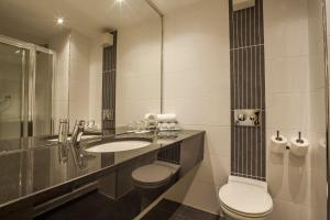 a bathroom with a sink and a toilet and a mirror at Skeffington Arms Hotel in Galway