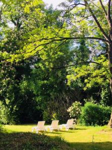 ポンにあるChâteau Fontclaireの公園の芝生に座る椅子3脚