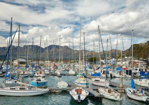 a bunch of boats are docked in a harbor at First Group Cape Gordonia in Gordonʼs Bay