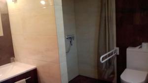 a bathroom with a shower with a toilet and a sink at Ptasi Folwark in Dolistowo +39 photos