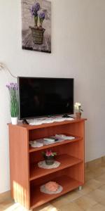 a flat screen tv on a wooden entertainment center at Apartments Miro with Sea view - near Beach in Sumartin