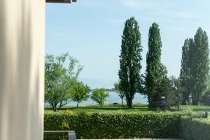 シルミオーネにあるAppartamenti Residence Tulipanoの木々と湖のある公園の景色