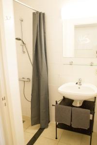 a bathroom with a sink and a shower at Knusse 5 Persoons Bungalow Hartje Veluwe in Otterlo +17 photos