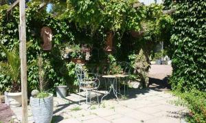 un patio con mesa, sillas y plantas en domaine du mont scolan, en Montgardon