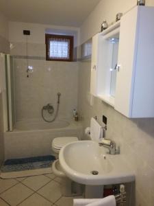 een badkamer met een toilet, een wastafel en een douche bij Appartamento Borgo Antico in Oliveto Lario