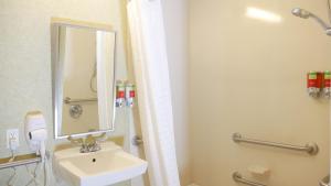 a bathroom with a shower, sink, and mirror at The Hotel at Times Square in New York