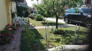 a yard with a car parked next to a house at Apartman Peric in Đakovo