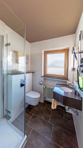 a bathroom with a toilet and a sink and a shower at Wittlers Hotel in Ratzeburg