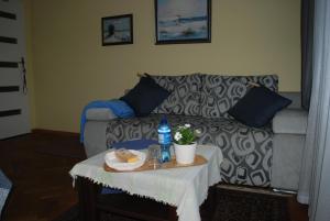 Homestay Kapitańska 9 في غدينيا: غرفة معيشة مع أريكة وطاولة مع طبق من الطعام
