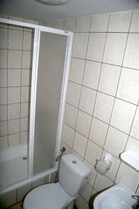 a bathroom with a toilet and a shower and a sink at Na Skarpie in Jastrzębia Góra