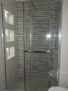 a shower with a glass door in a bathroom at Danube Blue in Belgrade +15 photos