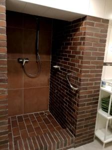 y baño con pared de ladrillo y ducha. en Apartment Cosmelux Nürnberg en Núremberg