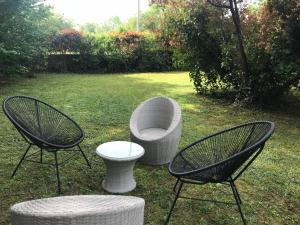 un grupo de tres sillas y una mesa en el césped en Le petit domaine des Aubuis, en Chinon