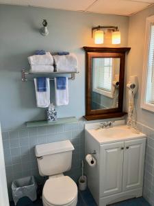 a bathroom with a toilet and a sink and a mirror at Ocean Walk Hotel in Old Orchard Beach