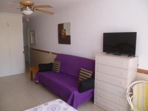 a living room with a purple couch and a flat screen tv at Elana Apartment with FREE WIFI in Costa Del Silencio