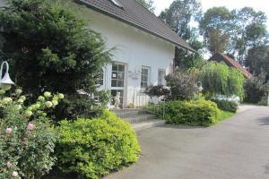 ein weißes Haus mit einigen Büschen und Blumen in der Unterkunft Pension Egerer in Bad Köstritz