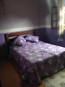 a bedroom with a bed with purple sheets and pillows at Canto dos Pássaros in Nova Friburgo