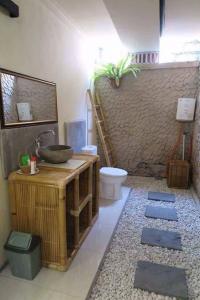 La salle de bains est pourvue d'un lavabo et de toilettes. dans l'établissement Kerta Family Bed and Breakfast, à Ubud