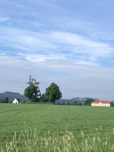 un grande campo verde con una torre di trasmissione dell’energia elettrica di Höllenstiege a Rathmannsdorf