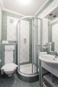 ein Bad mit einer Dusche, einem WC und einem Waschbecken in der Unterkunft Hotel Pass Lueg in Golling an der Salzach
