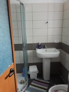 a bathroom with a sink and a shower and a toilet at Eco Garten Guest House in Shkodër