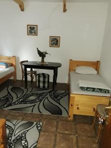 Habitación con cama, mesa y escritorio. en Eco Garten Guest House, en Shkodër