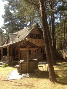 a large wooden cabin in the woods with a tree at Edmundas in Palanga
