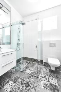 uma casa de banho com um chuveiro, um WC e um lavatório. em Apartamenty Między Jeziorami em Olsztyn