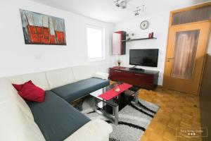 ein Wohnzimmer mit einem Sofa und einem TV in der Unterkunft Luxurious RUBY Apartment with SAUNA in Kobarid