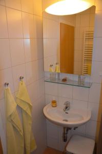 bagno con lavandino e specchio di Gästehaus Familie Grudl a Bärnkopf